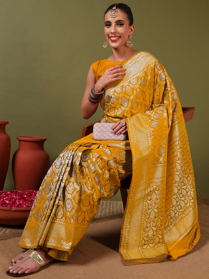 Traditional Banarasi Brocade Saree with Intricate Two-tone Gold Silver Zari woven Mughal Motifs