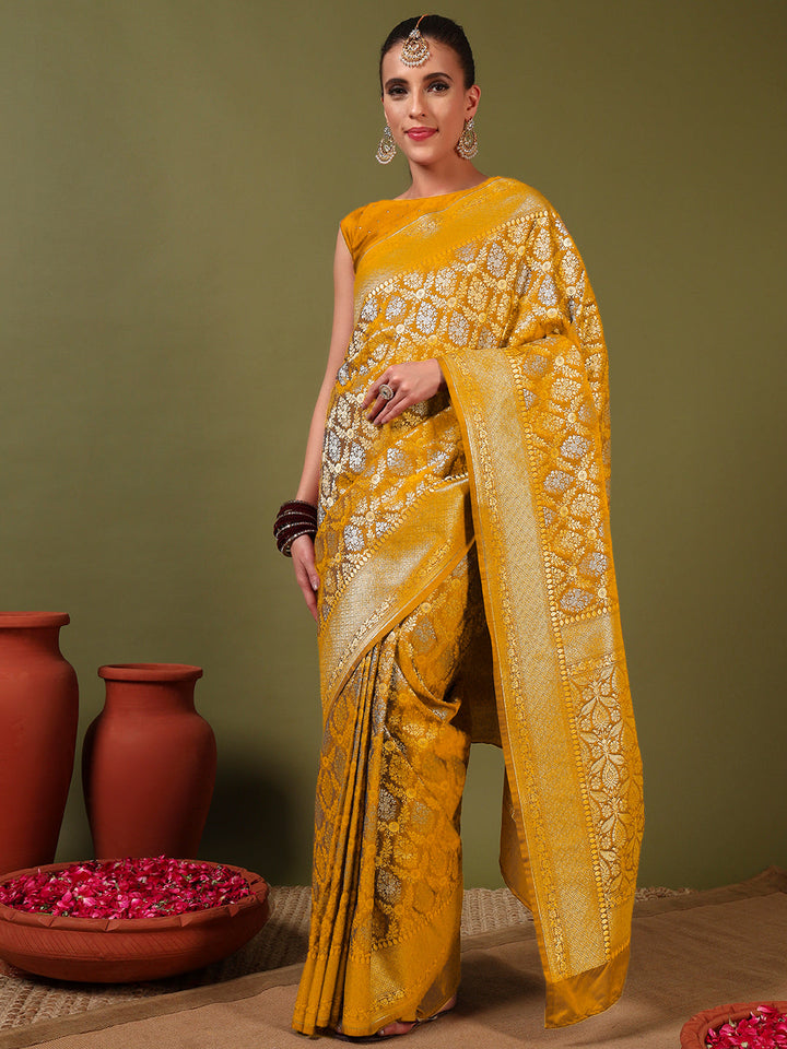 Traditional Banarasi Brocade Saree with Intricate Two-tone Gold Silver Zari woven Mughal Motifs