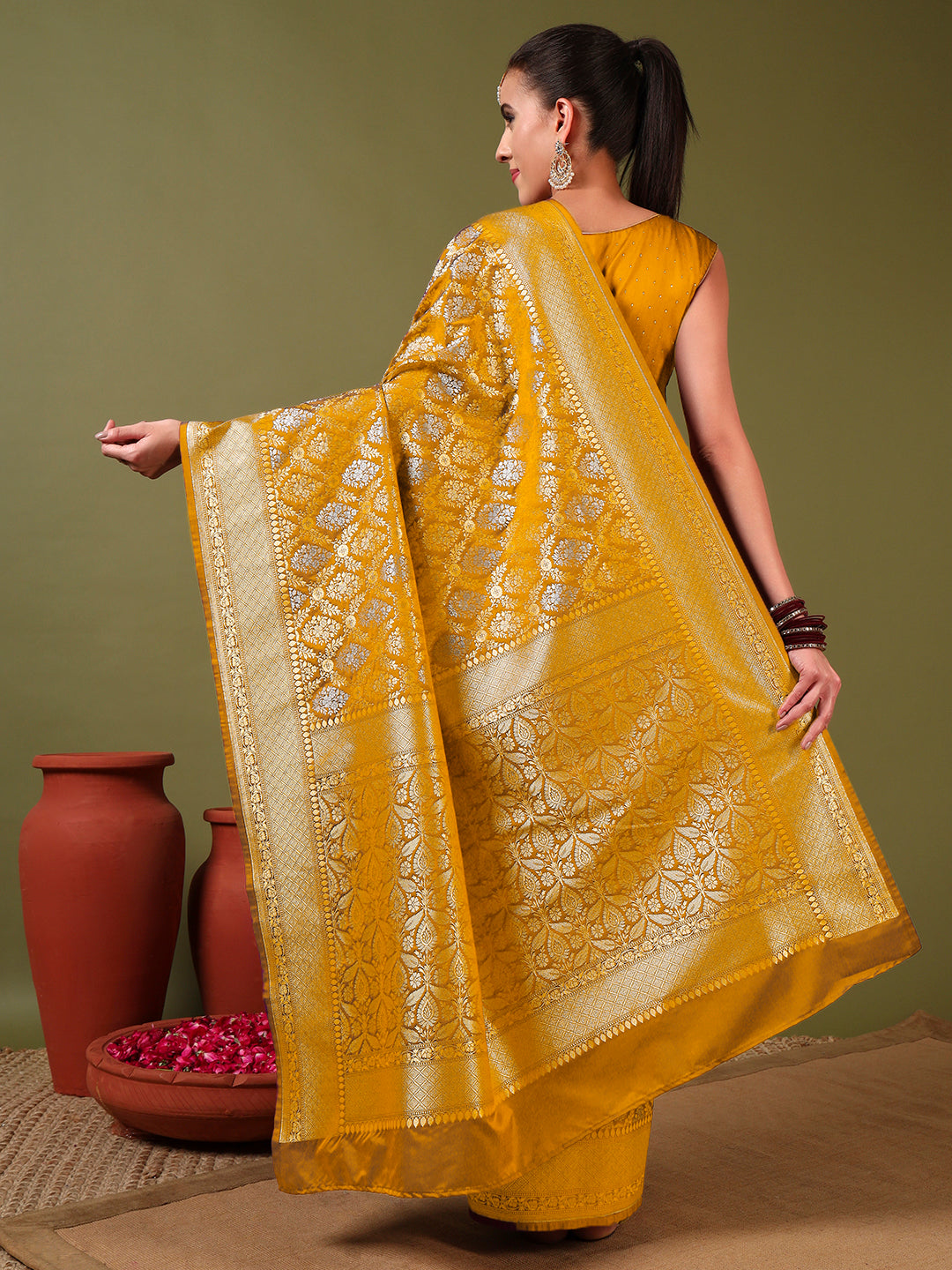 Traditional Banarasi Brocade Saree with Intricate Two-tone Gold Silver Zari woven Mughal Motifs
