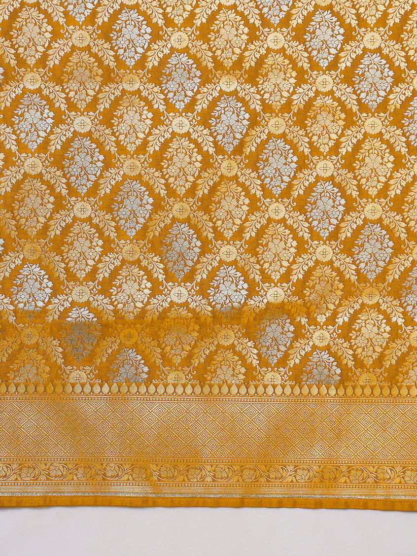 Traditional Banarasi Brocade Saree with Intricate Two-tone Gold Silver Zari woven Mughal Motifs