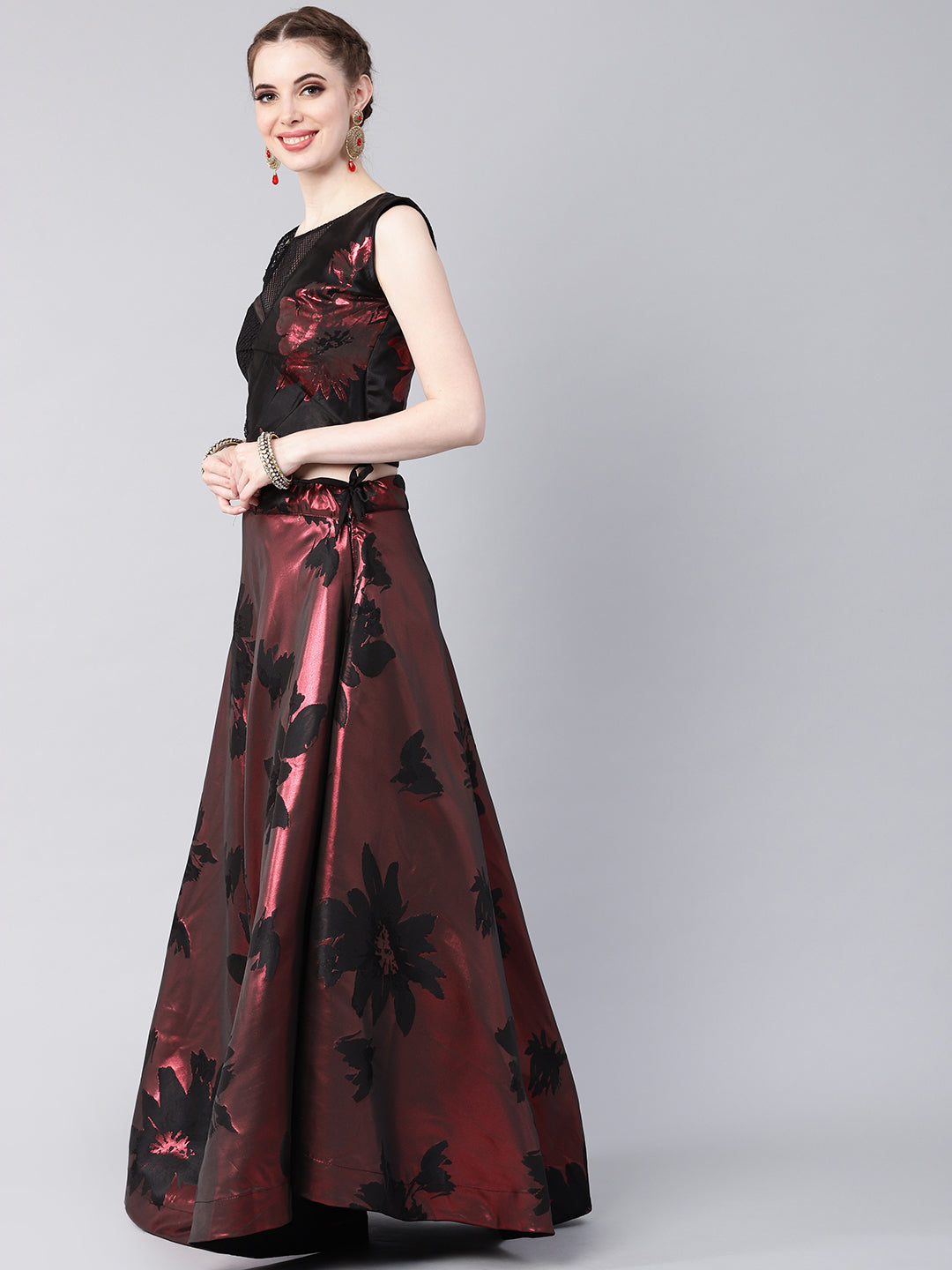 Embellished Crop Top Lehenga Choli with Metallic Foil Print