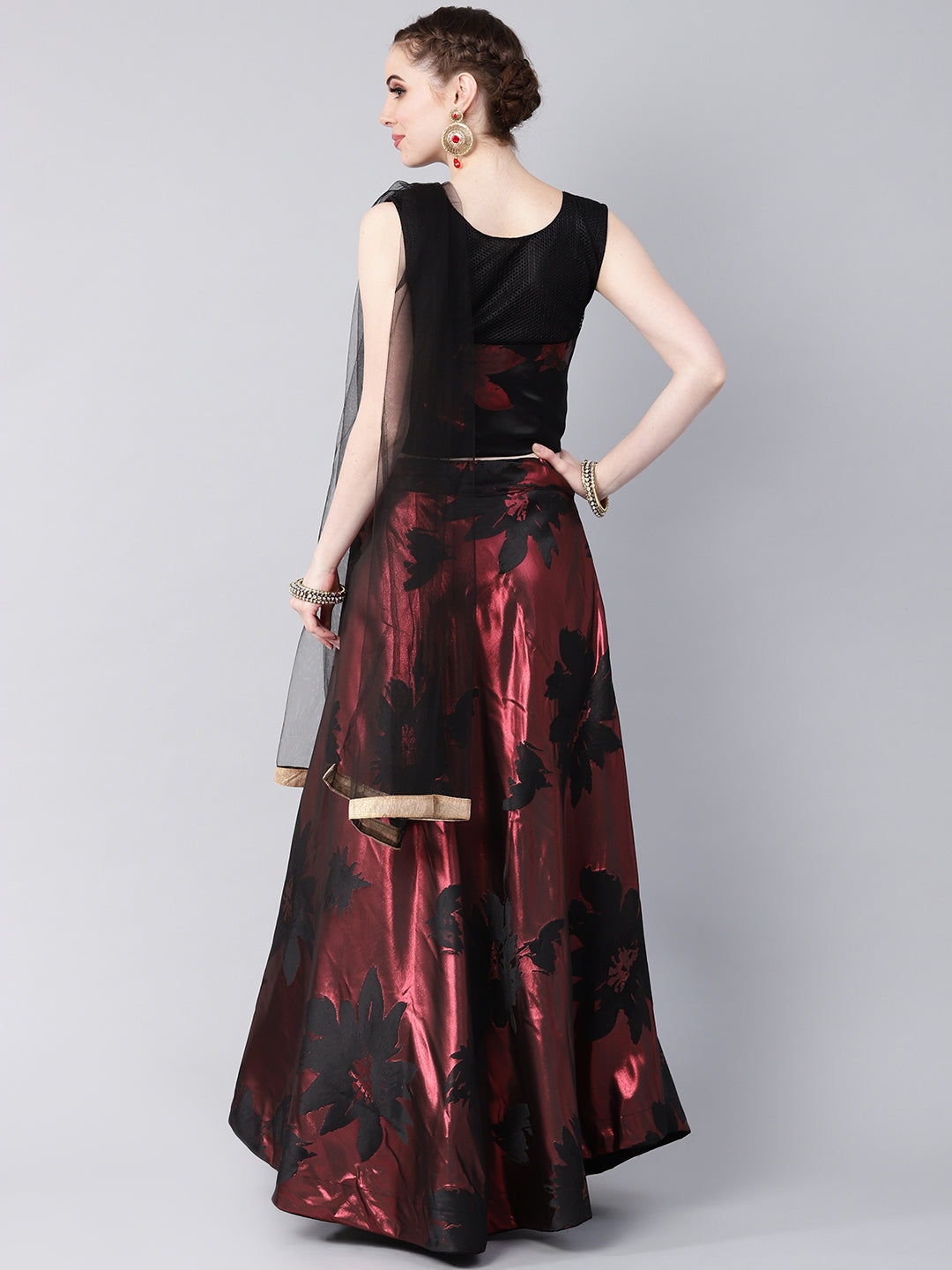 Embellished Crop Top Lehenga Choli with Metallic Foil Print