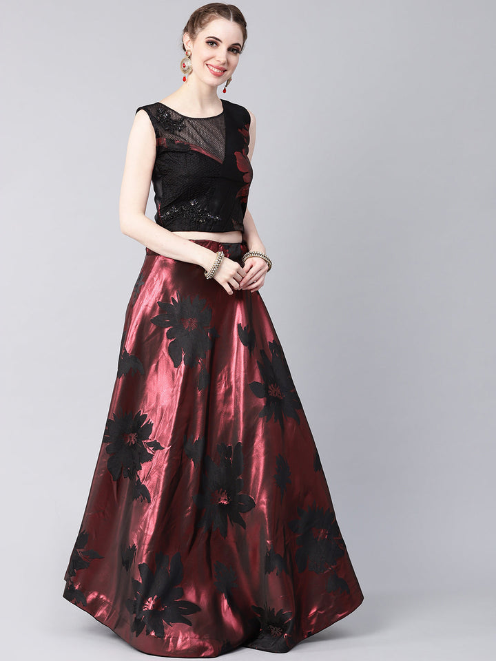 Embellished Crop Top Lehenga Choli with Metallic Foil Print