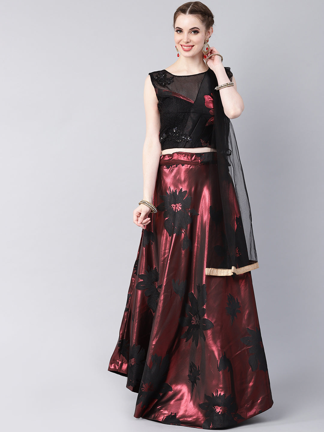 Embellished Crop Top Lehenga Choli with Metallic Foil Print