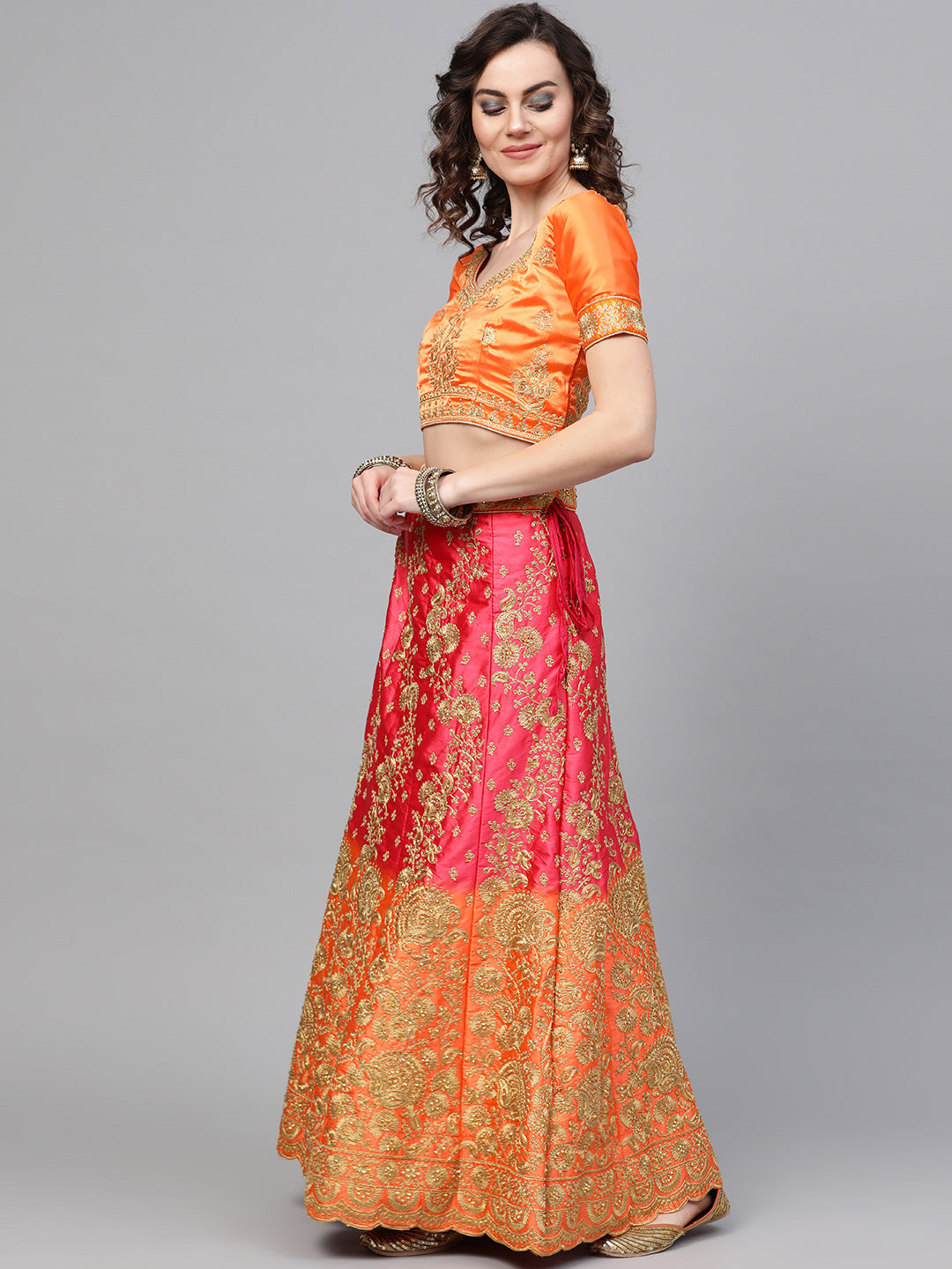 Ombre Semi-stitched Lehenga set with Floral Zari embroidery