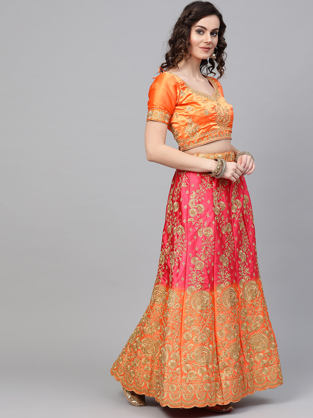 Ombre Semi-stitched Lehenga set with Floral Zari embroidery
