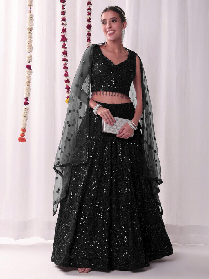 Chhabra 555 All over Sequin Embroidery Lehenga Set with Tassled Choli & Embellished Dupatta