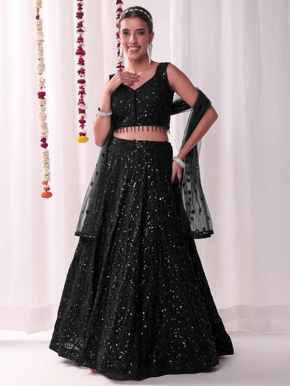 Chhabra 555 All over Sequin Embroidery Lehenga Set with Tassled Choli & Embellished Dupatta
