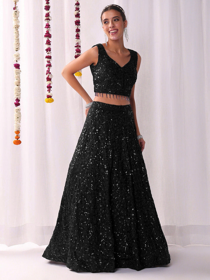 Chhabra 555 All over Sequin Embroidery Lehenga Set with Tassled Choli & Embellished Dupatta