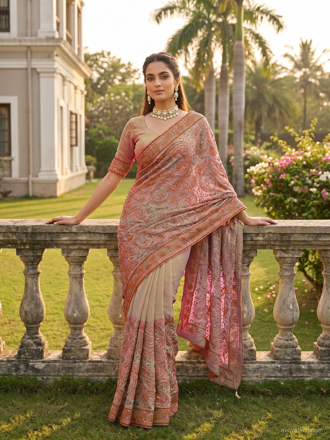Georgette Saree with Paisley Zari & Sequin Border and Blouse Piece