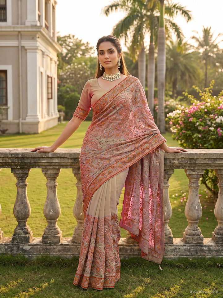 Georgette Saree with Paisley Zari & Sequin Border and Blouse Piece