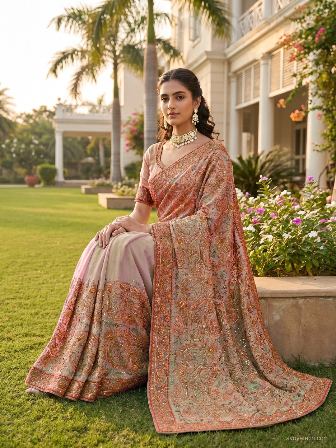 Georgette Saree with Paisley Zari & Sequin Border and Blouse Piece