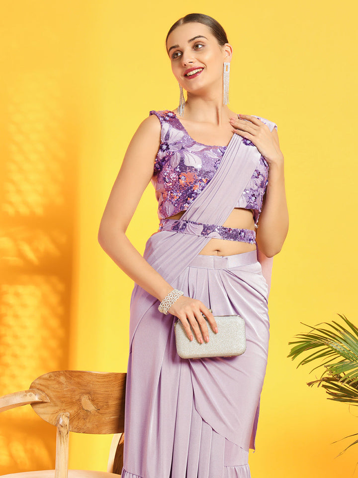 Pre-Stitched Belted Saree with Sequinned Floral Motifs and Tiered Drape