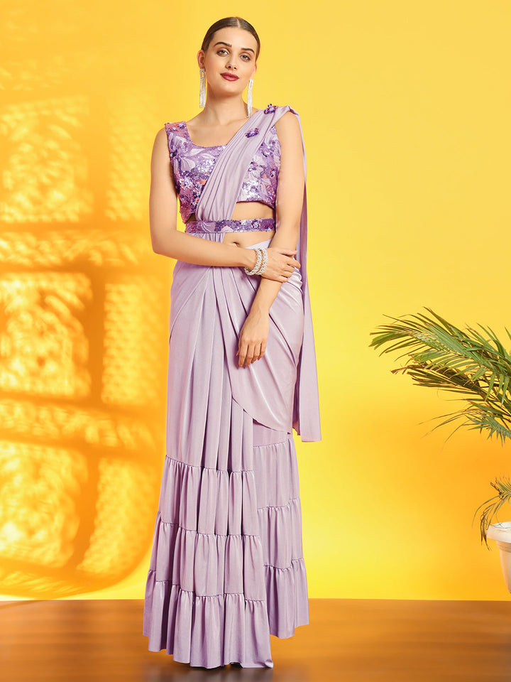Pre-Stitched Belted Saree with Sequinned Floral Motifs and Tiered Drape