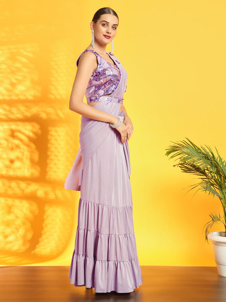 Pre-Stitched Belted Saree with Sequinned Floral Motifs and Tiered Drape
