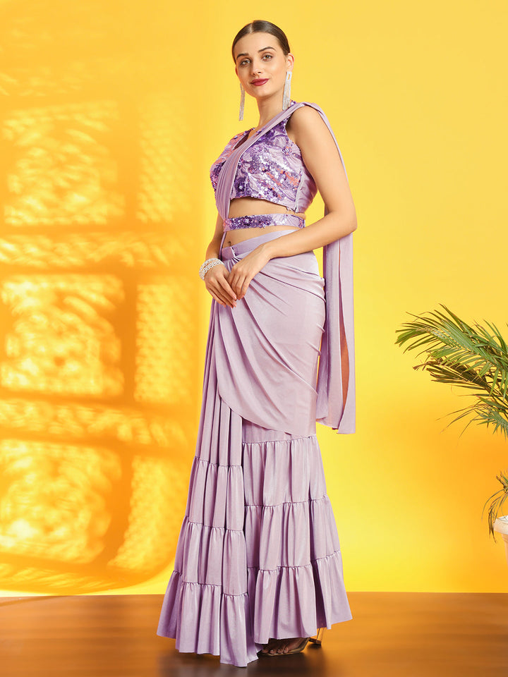 Pre-Stitched Belted Saree with Sequinned Floral Motifs and Tiered Drape