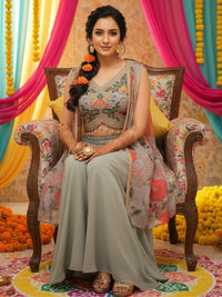 Embroidered Indo-western Pallazo Set with Scalloped Tasseled CropTop & Floral Print Cape