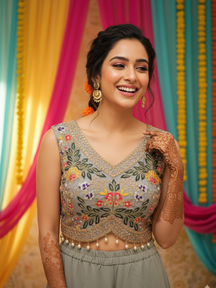 Embroidered Indo-western Pallazo Set with Scalloped Tasseled CropTop & Floral Print Cape
