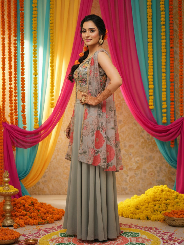 Embroidered Indo-western Pallazo Set with Scalloped Tasseled CropTop & Floral Print Cape