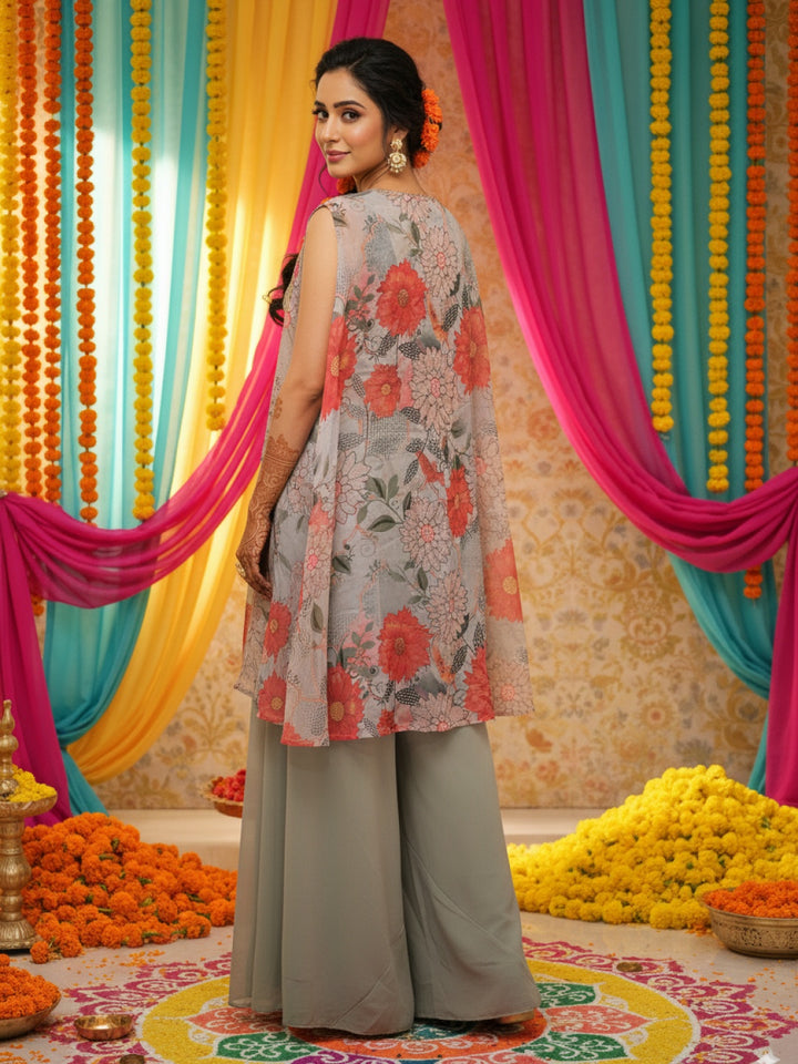 Embroidered Indo-western Pallazo Set with Scalloped Tasseled CropTop & Floral Print Cape
