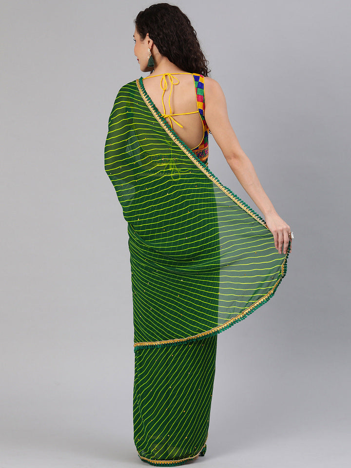 Green Tie And Dye Leheriya Georgette Saree with Gold Bead Work Tassels Border