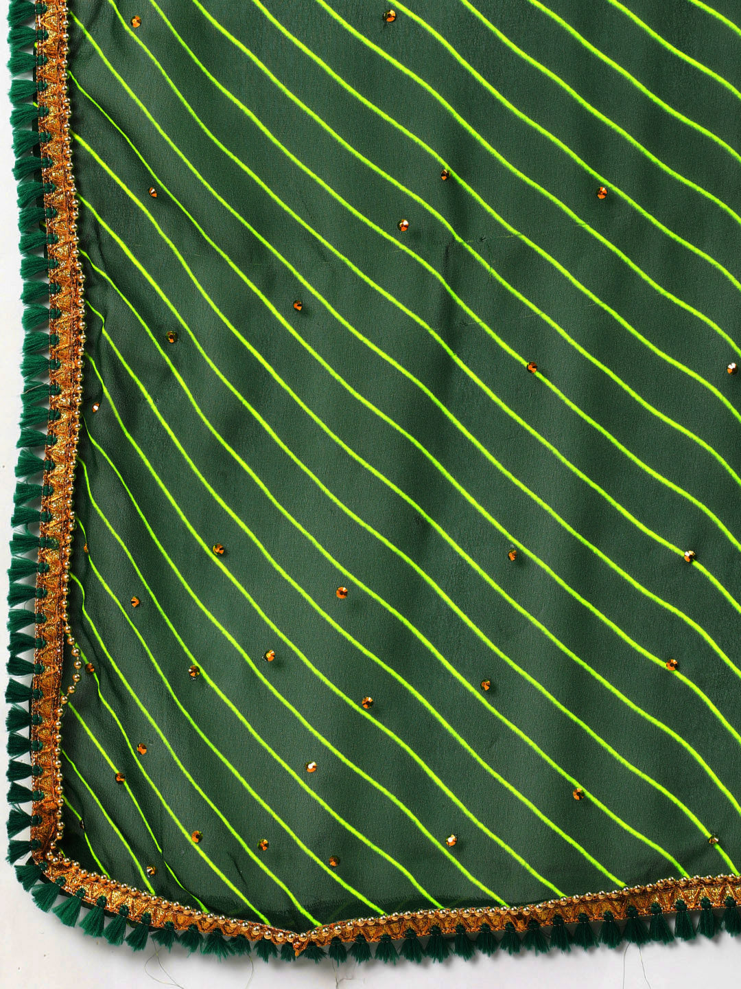 Green Tie And Dye Leheriya Georgette Saree with Gold Bead Work Tassels Border