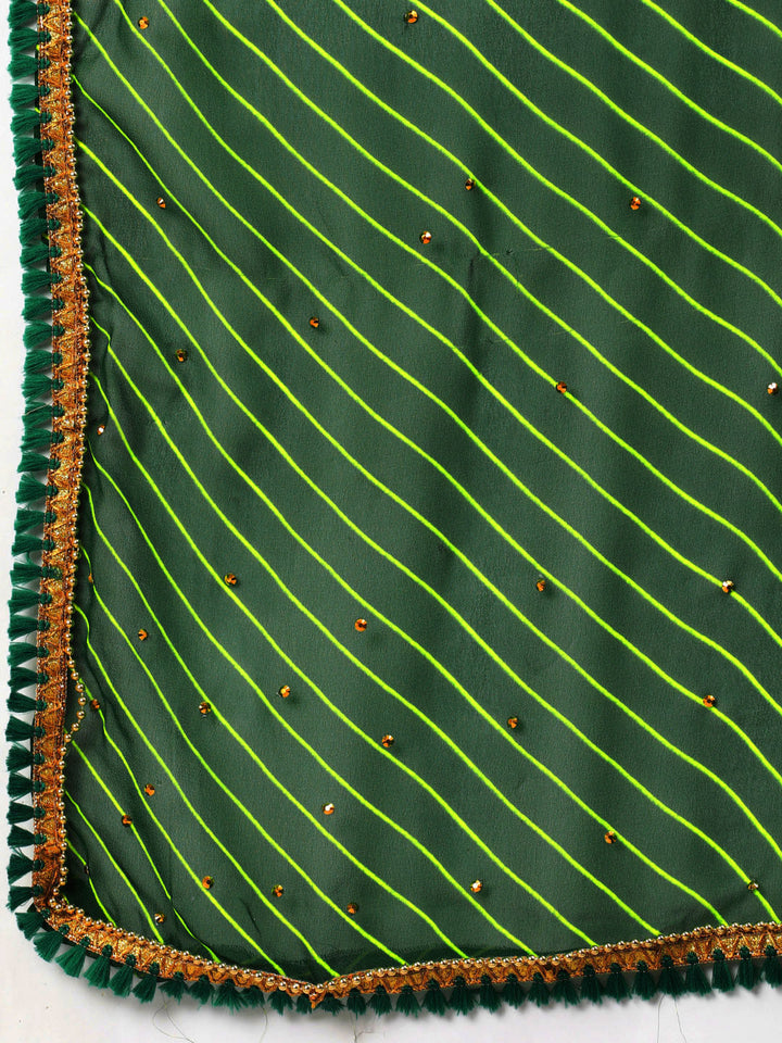 Green Tie And Dye Leheriya Georgette Saree with Gold Bead Work Tassels Border