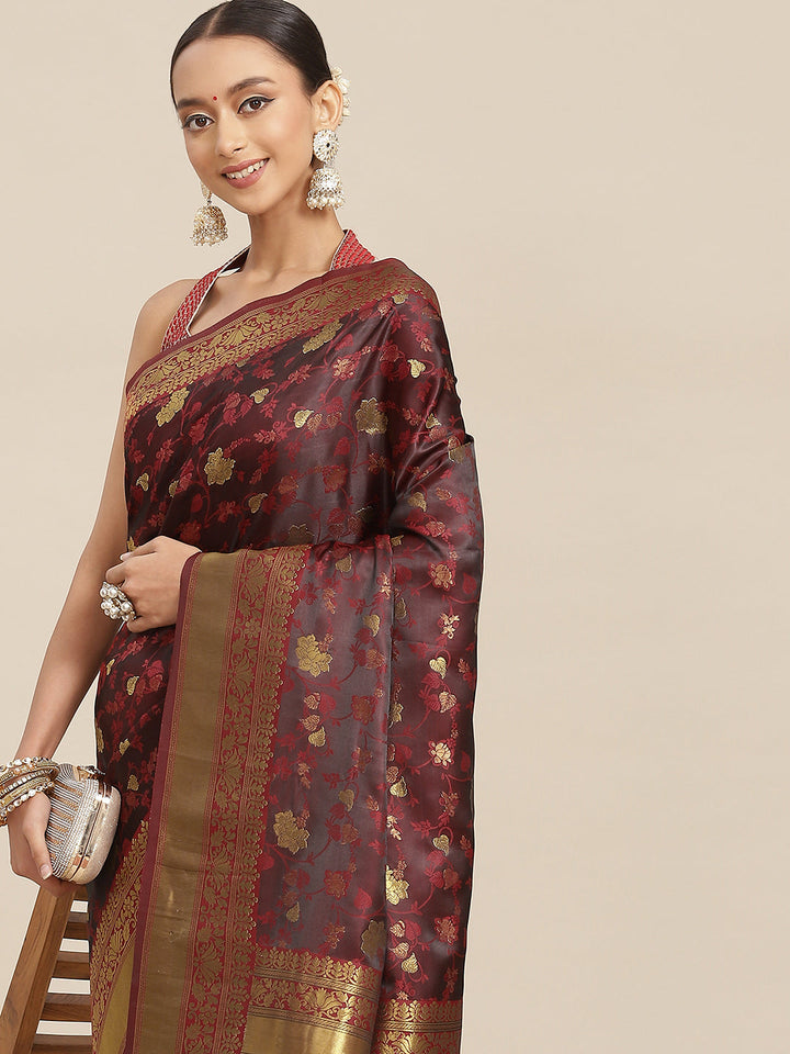 Maroon Oxidised Zari Self Woven Banarasi Jamdani Silk Saree