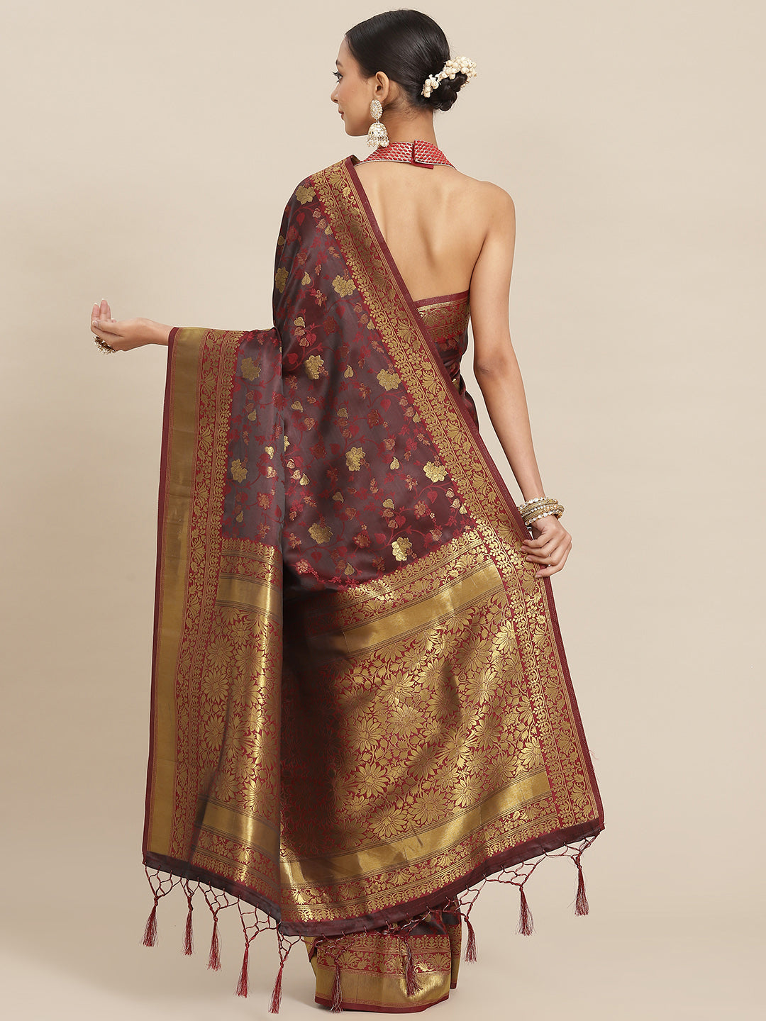 Maroon Oxidised Zari Self Woven Banarasi Jamdani Silk Saree
