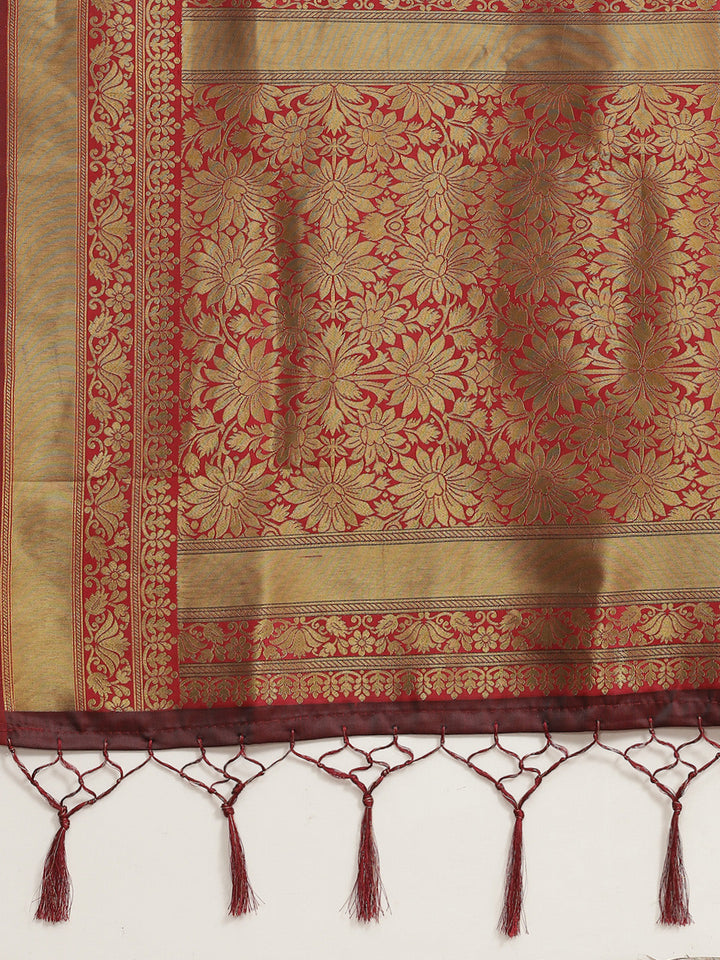 Maroon Oxidised Zari Self Woven Banarasi Jamdani Silk Saree
