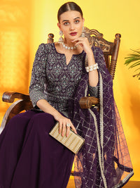 Chhabra 555 Burgundy Resham Embroidery Belted Kurta with Flared Palazzo & Sequinned Dupatta 