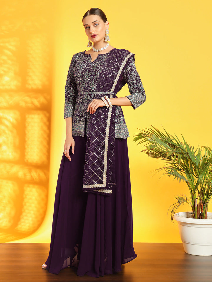 Burgundy Resham Embroidery Belted Kurta with Flared Palazzo & Sequinned Dupatta