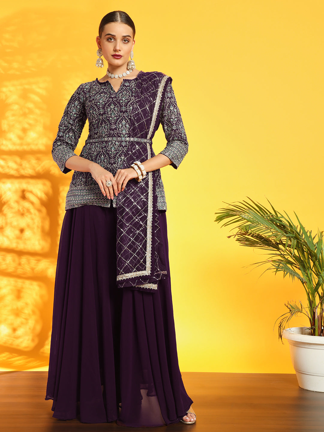 Burgundy Resham Embroidery Belted Kurta with Flared Palazzo & Sequinned Dupatta