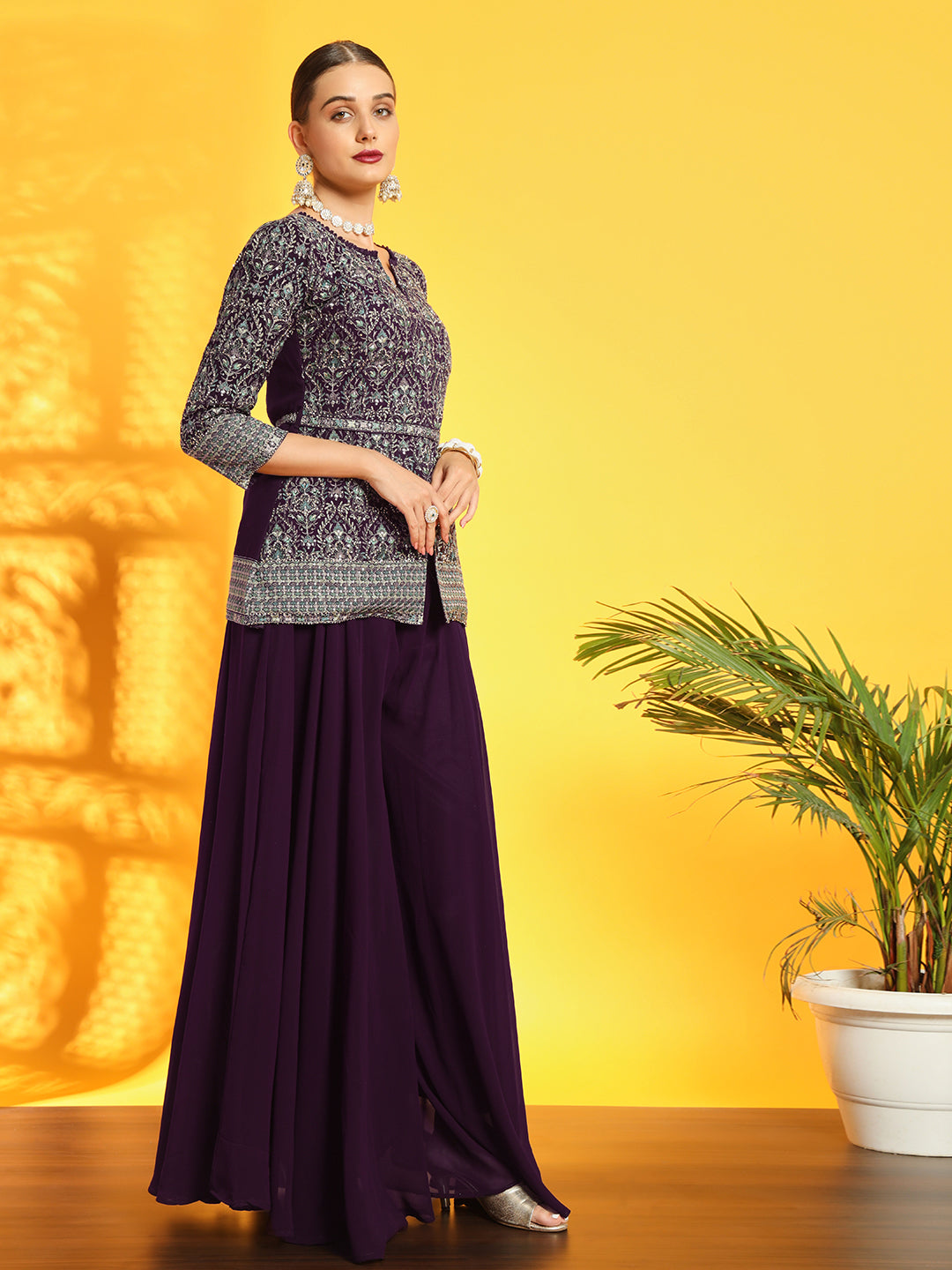 Burgundy Resham Embroidery Belted Kurta with Flared Palazzo & Sequinned Dupatta