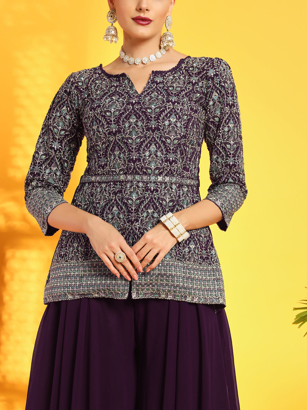Burgundy Resham Embroidery Belted Kurta with Flared Palazzo & Sequinned Dupatta