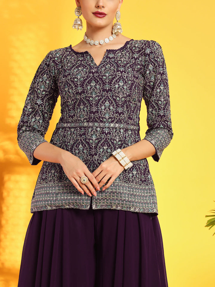 Burgundy Resham Embroidery Belted Kurta with Flared Palazzo & Sequinned Dupatta