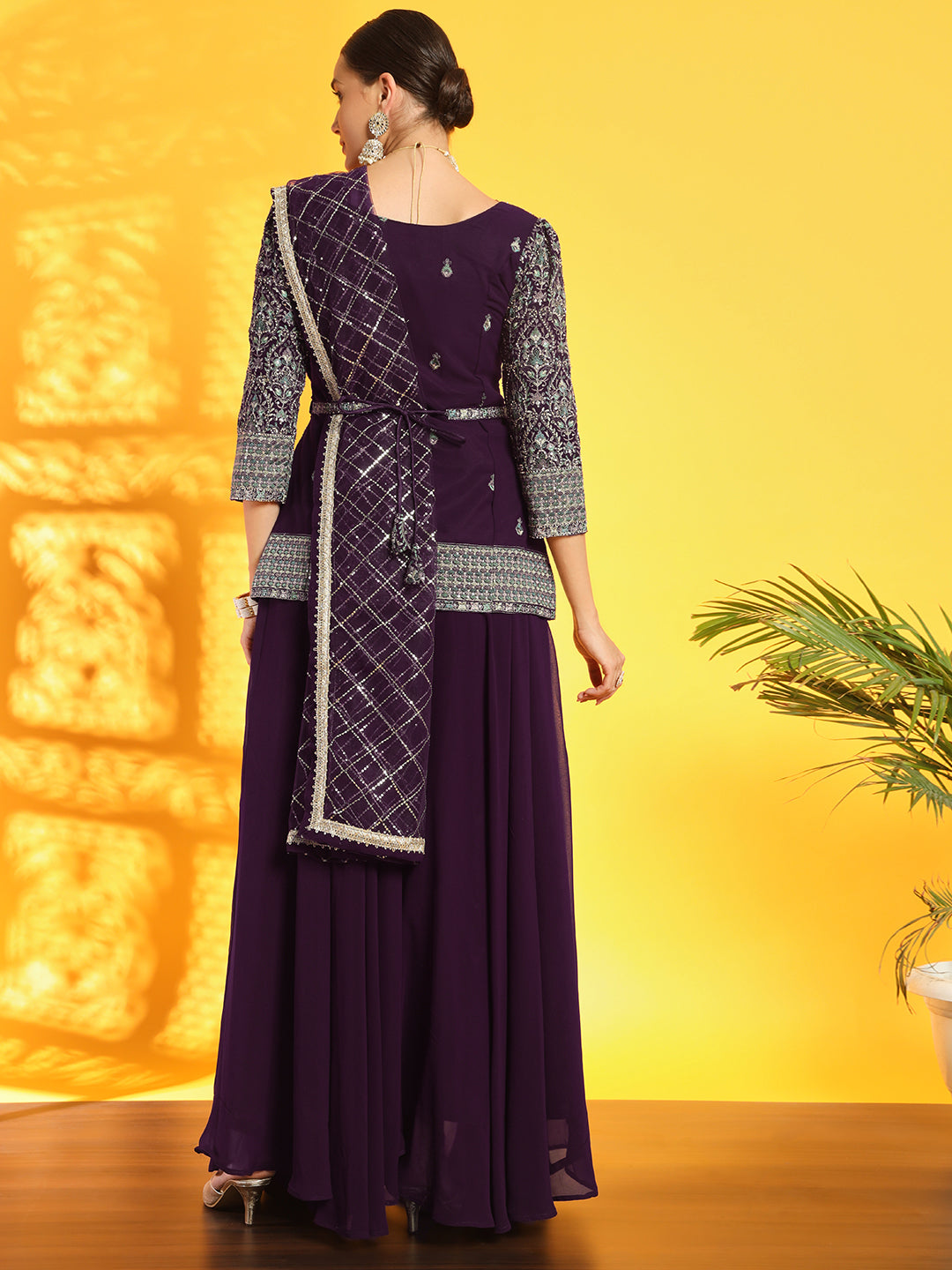 Burgundy Resham Embroidery Belted Kurta with Flared Palazzo & Sequinned Dupatta