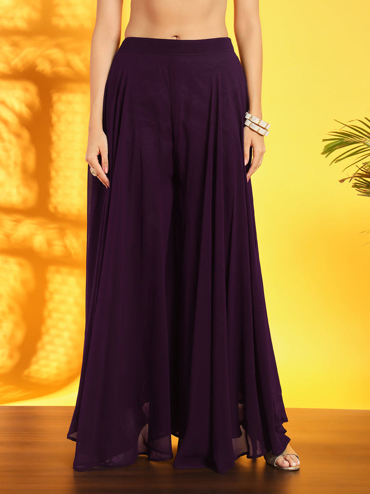 Burgundy Resham Embroidery Belted Kurta with Flared Palazzo & Sequinned Dupatta