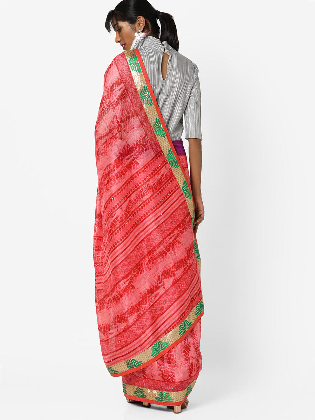 Pink & Green Cotton Silk Ikat Inspired Printed Saree with Banarasi Border