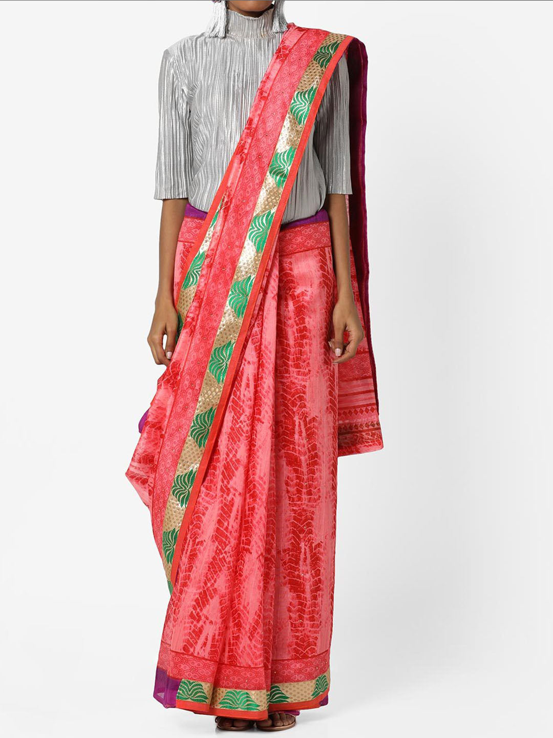 Pink & Green Cotton Silk Ikat Inspired Printed Saree with Banarasi Border