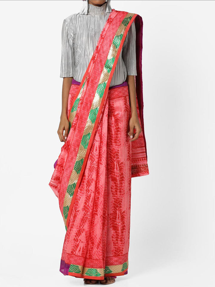 Pink & Green Cotton Silk Ikat Inspired Printed Saree with Banarasi Border