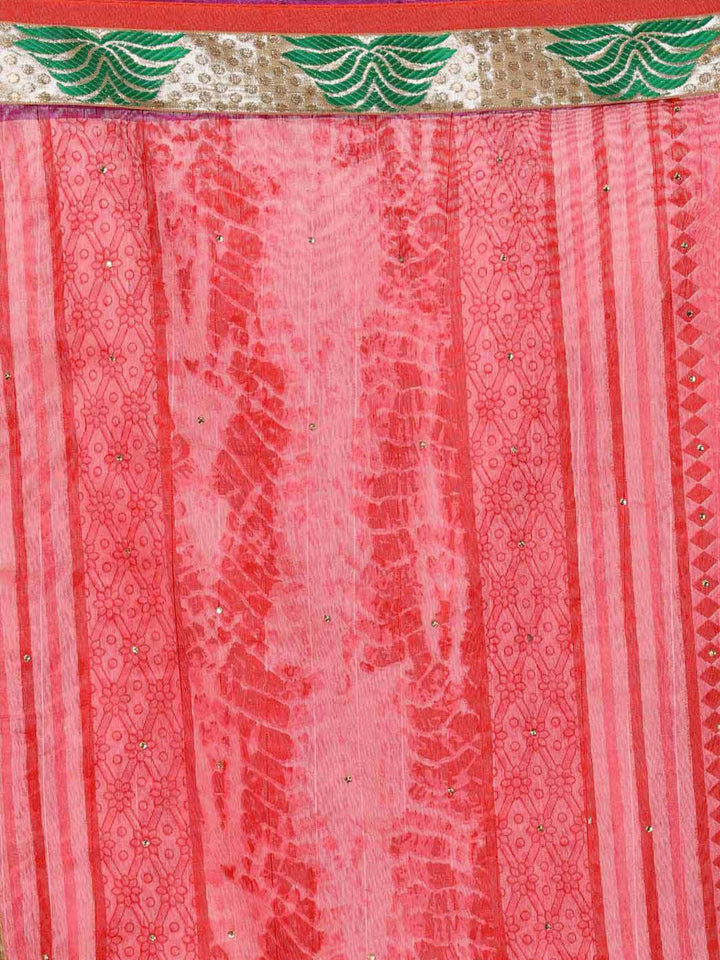 Pink & Green Cotton Silk Ikat Inspired Printed Saree with Banarasi Border