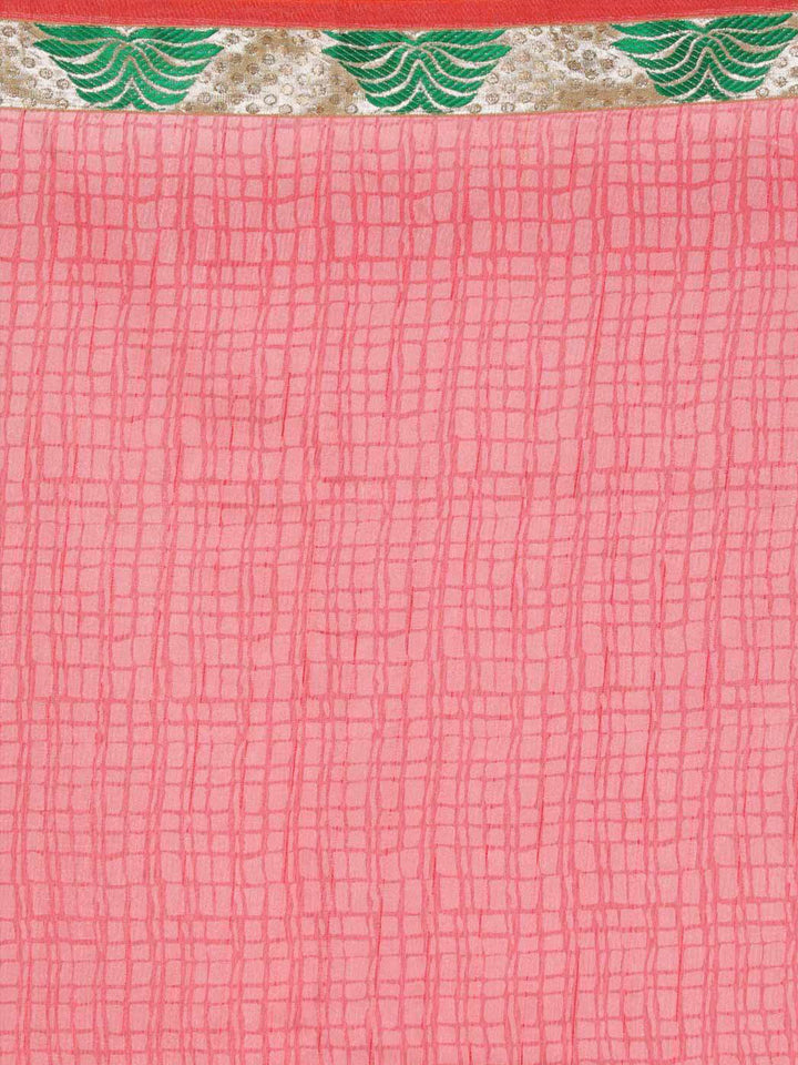 Pink & Green Cotton Silk Ikat Inspired Printed Saree with Banarasi Border