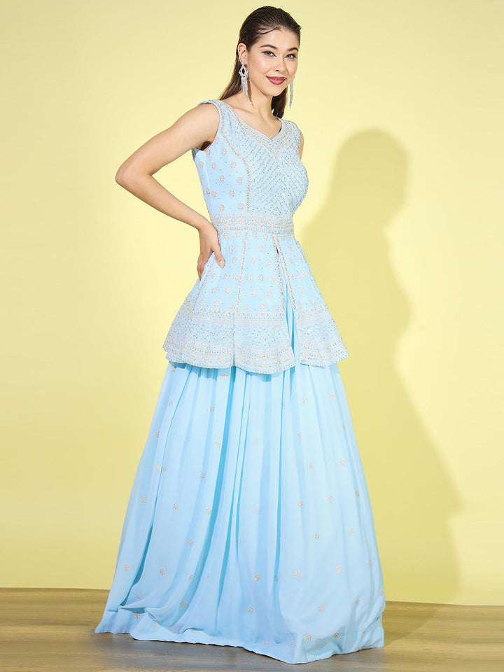 Aqua Zari- Zircon Embroidered Lehenga Set with Front Slit Peplum Kurta