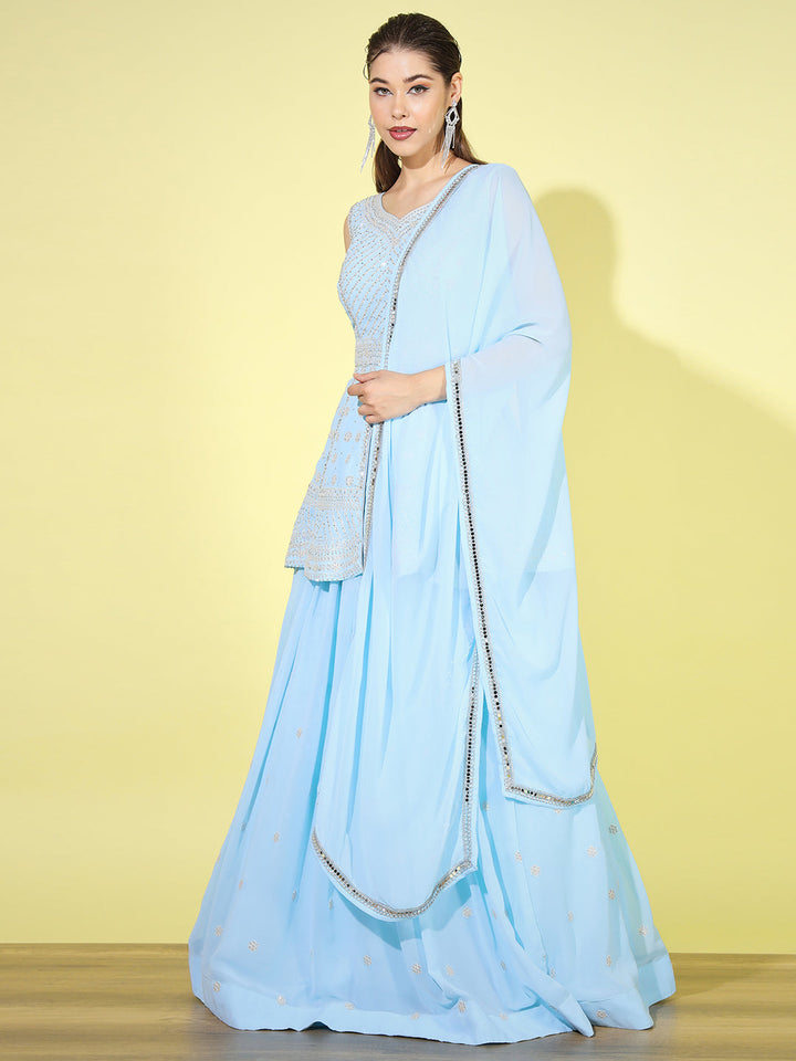 Aqua Zari- Zircon Embroidered Lehenga Set with Front Slit Peplum Kurta