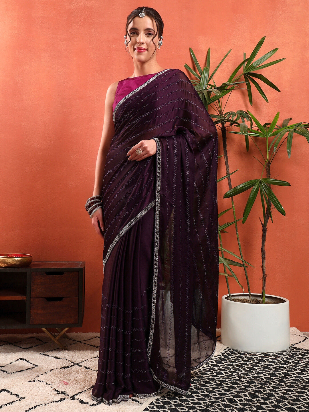 Chhabra 555 Crystal Swarovski Embellished Satin Georgette Cocktail Saree with Embellished Border