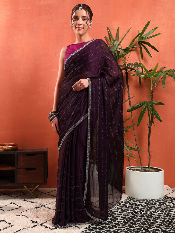 Chhabra 555 Crystal Swarovski Embellished Satin Georgette Cocktail Saree with Embellished Border
