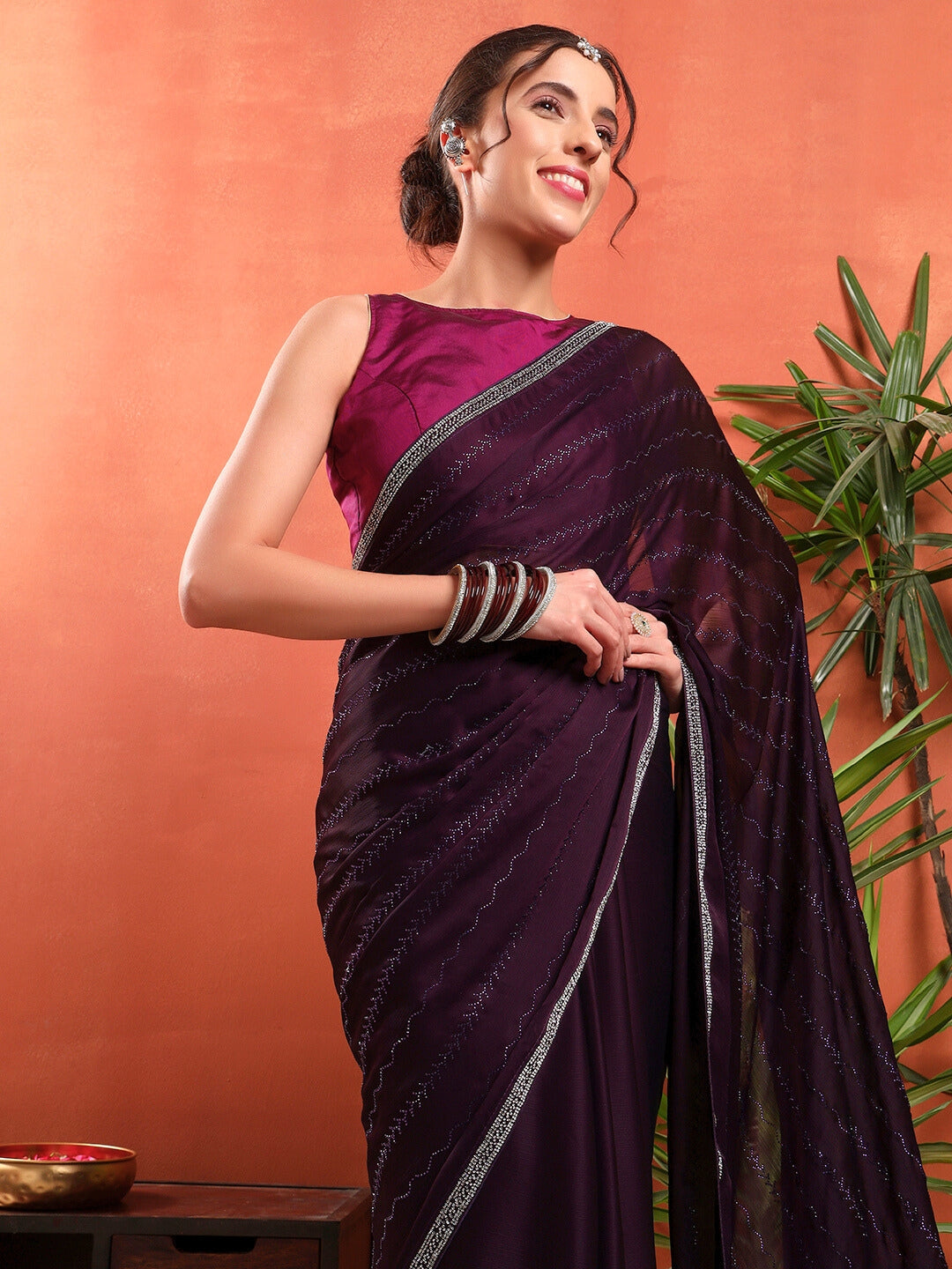 Crystal Swarovski Embellished Satin Georgette Cocktail Saree with Embellished Border