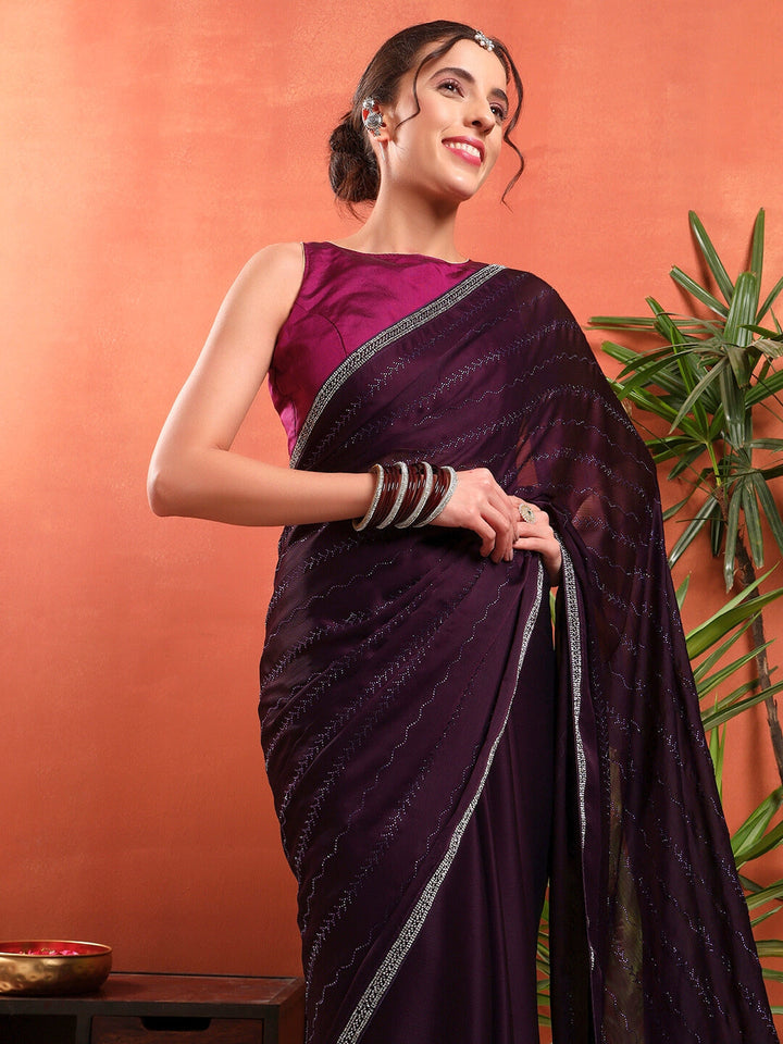 Crystal Swarovski Embellished Satin Georgette Cocktail Saree with Embellished Border