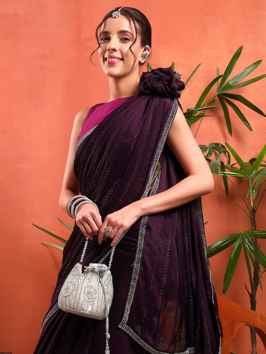 Crystal Swarovski Embellished Satin Georgette Cocktail Saree with Embellished Border